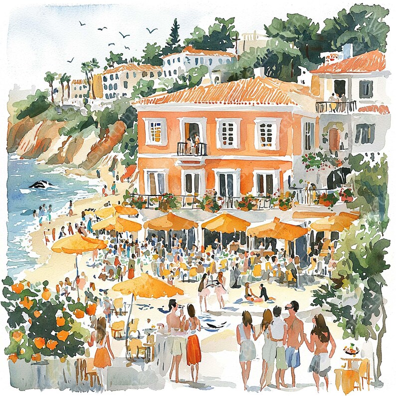 May include: A watercolor painting of a seaside restaurant with a large orange building and people sitting at tables under umbrellas. The restaurant is located on a beach with a clear blue ocean in the background.