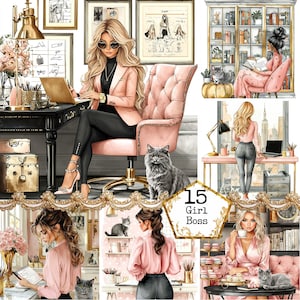 JPEG Elegante donna casa ufficio grafica lavorare da casa accogliente con gatto impiegato scrivania download immediato artigianato di carta diario spazzatura scrapbooking