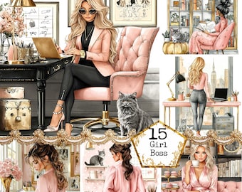 Gráficos de oficina en casa con una elegante mujer trabajando desde casa, acogedor escritorio con un gato, descarga instantánea, manualidades de papel, diario basura, álbumes de recortes