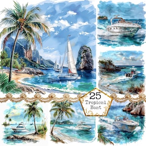 JPEG Watercolor Tropical Beach with a Boat Clipart Bundle Instant Download Summer Clipart Sea Ocean Paper Crafts Junk Journal Scrapbooking