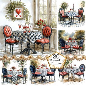 May include: A collage of 20 romantic dinner scenes featuring couples enjoying meals at tables with checkered tablecloths and red and blue chairs. The scenes are set in various locations, including a garden, a patio, and a dining room.