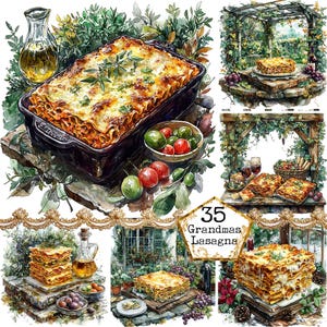 JPEG Watercolor Grandma's Lasagna Clipart Bundle Rustic Lasagna Clipart Rustic Cook Instant Download Paper Crafts Junk Journal Scrapbooking