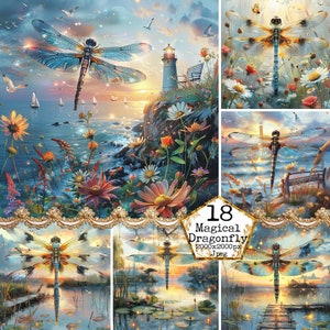May include: A digital collage of 18 images featuring a magical dragonfly with blue wings and a glowing body. The dragonfly is set against a backdrop of a seascape with a lighthouse, flowers, and a sunset. The text "Magical Dragonfly 2000x2000px Jpeg" is displayed in the centre of the collage.
