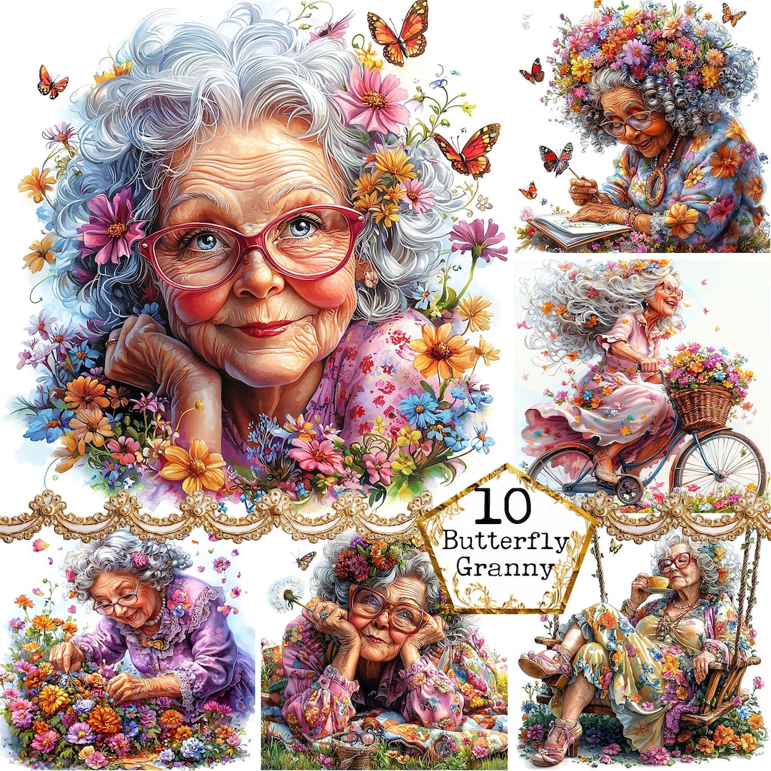 JPEG Watercolor Spring Granny Clipart Bundle Funny Elderly Lady Cute ...
