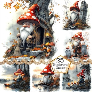 Ensemble de cliparts aquarelle nain champignon champignon vénéneux Clipart nain automne Clipart Téléchargement instantané papier artisanat indésirable Journal Scrapbooking