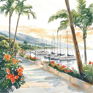a watercolor painting of boats docked at a marina