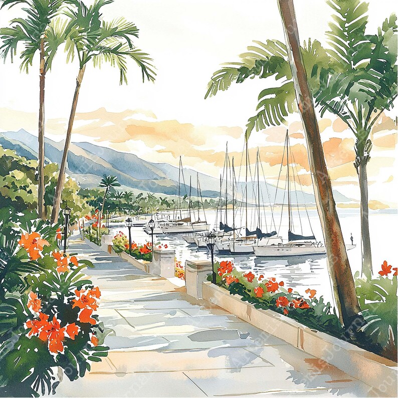 a watercolor painting of boats docked at a marina