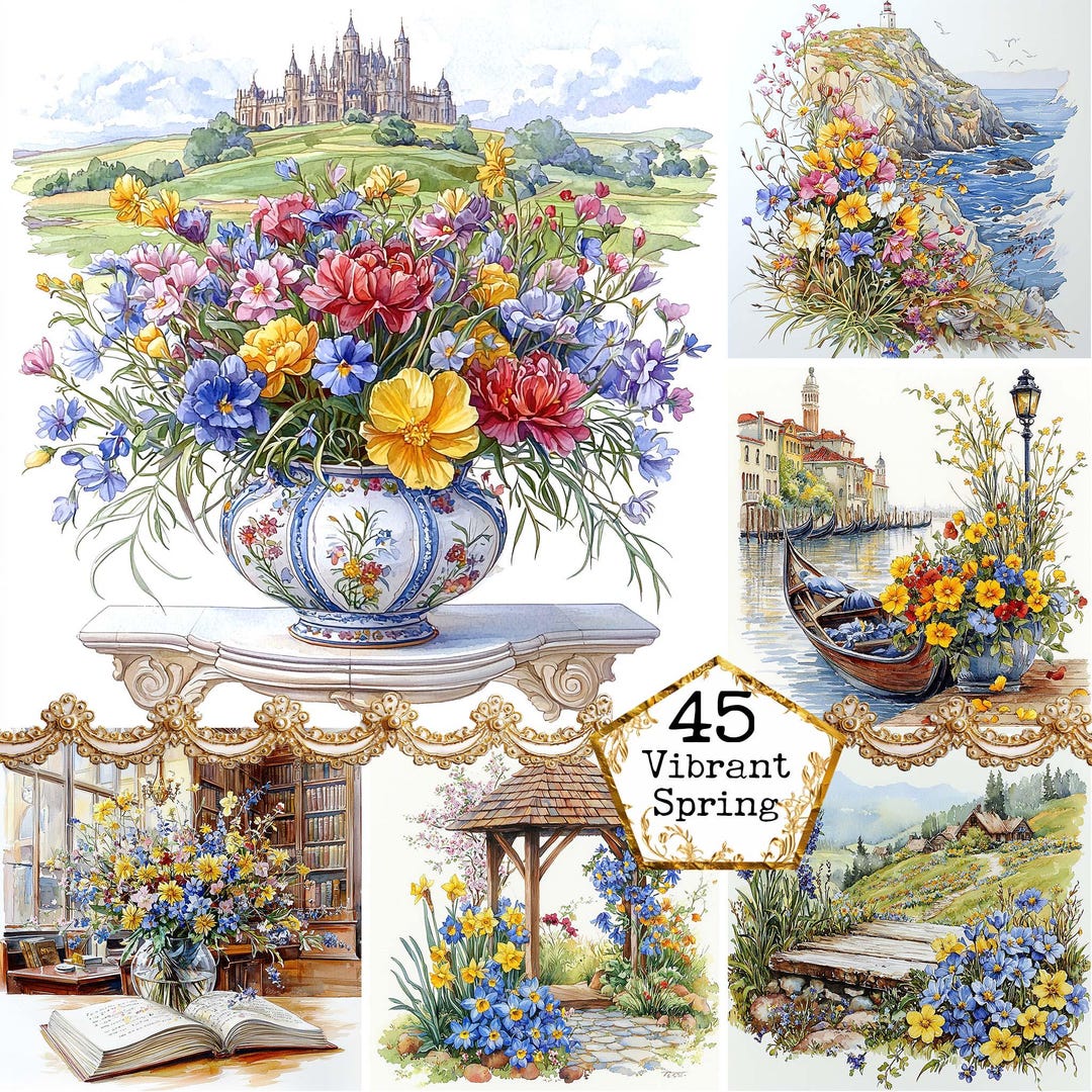 JPEG Watercolor Vibrant Spring Floral Scenes Clipart Bundle Spring ...