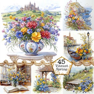 JPEG Watercolor Vibrant Spring Floral Scenes Clipart Bundle Spring Landscape Town Instant Download Paper Crafts Junk Journal Scrapbooking