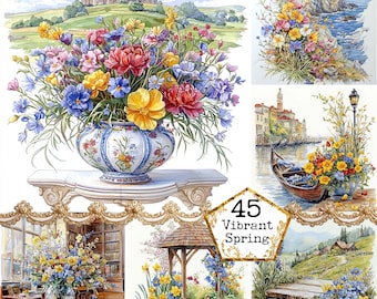 JPEG Watercolor Vibrant Spring Floral Scenes Clipart Bundle Spring Landscape Town Instant Download Paper Crafts Junk Journal Scrapbooking