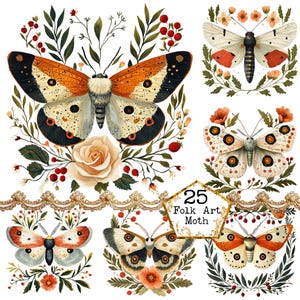 PNG + JPEG Aquarell Volkskunst Motte Clipart Bundle Frühling Clipart mystische Motten Art Instant Download Papier Handwerk Junk Journal Scrapbooking