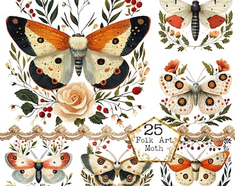 PNG + JPEG Watercolor Folk Art Moth Clipart Bundle Spring Clipart Mystical Moths Art Instant Download Paper Crafts Junk Journal Scrapbooking