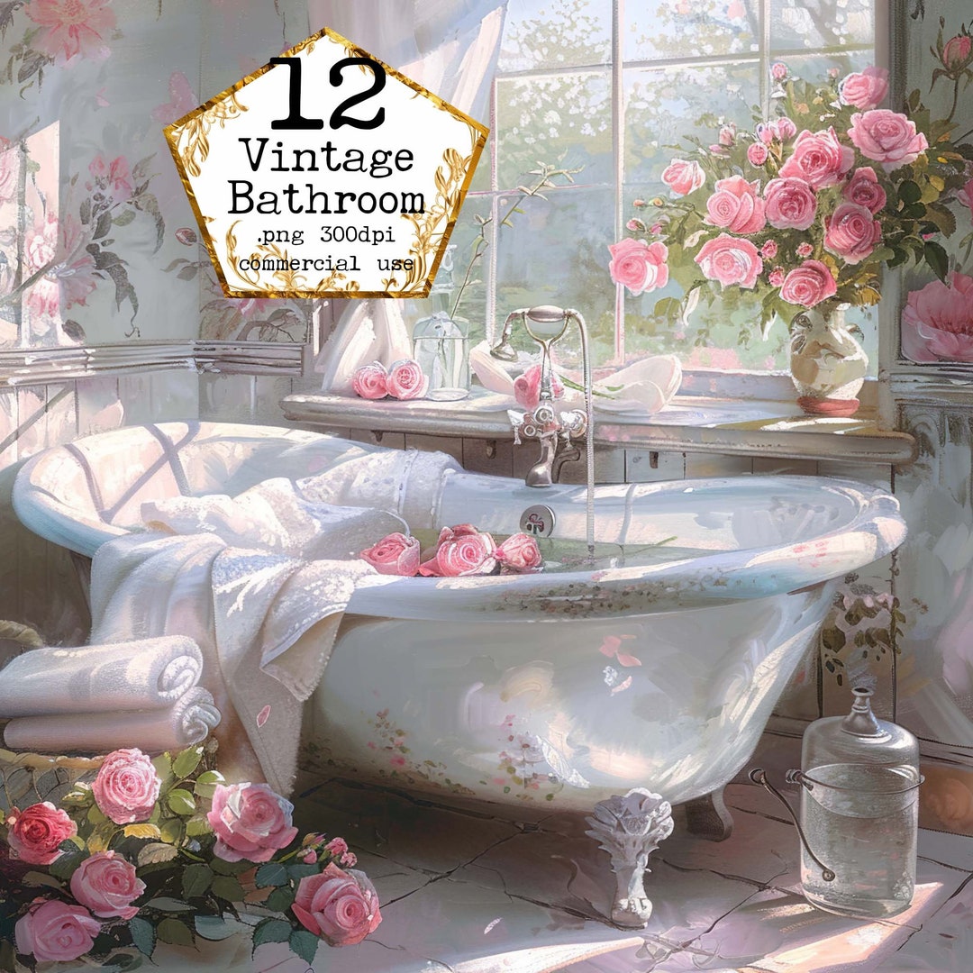 PNG Vintage Floral Bathtub Clipart, Shabby Chic, Printable Watercolor ...