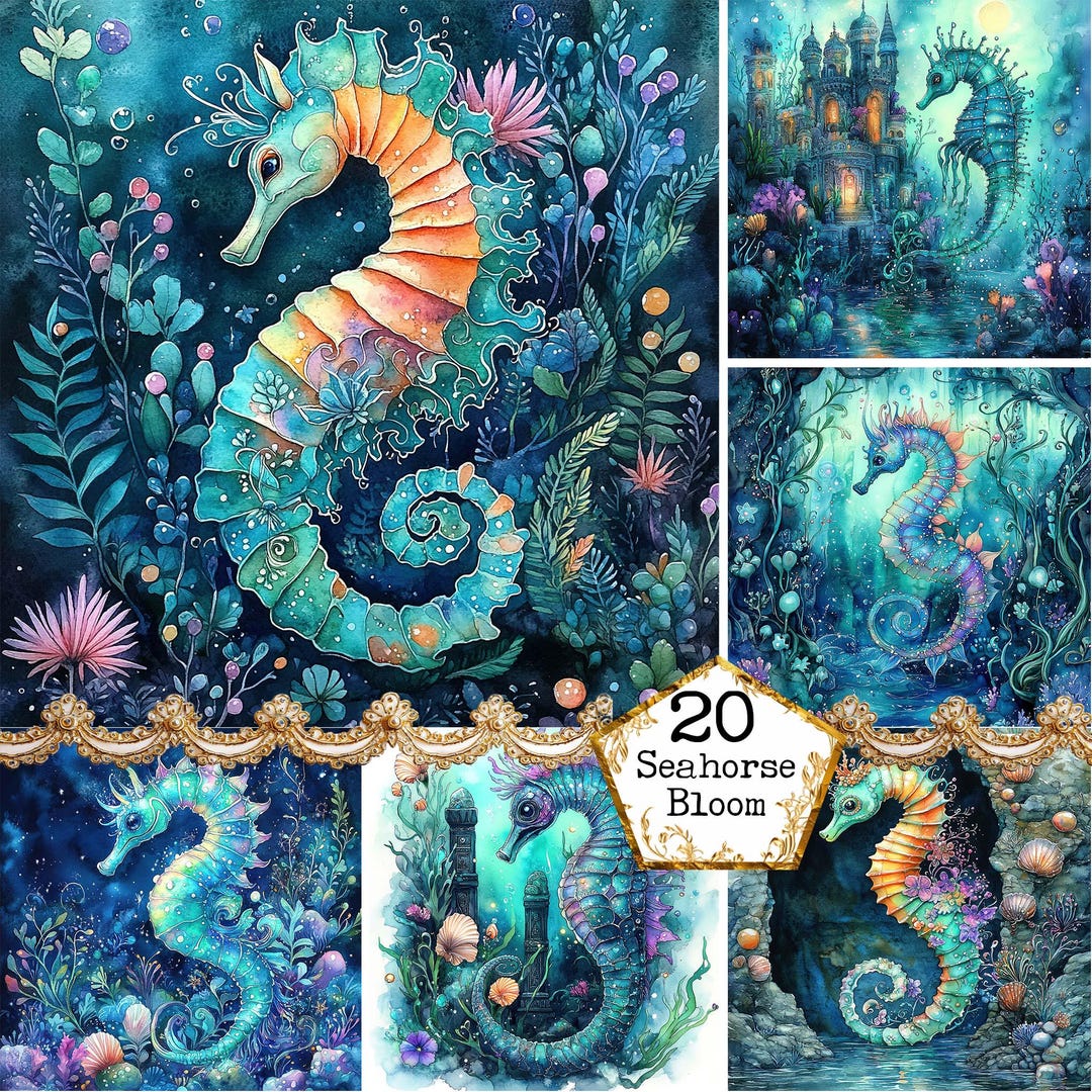 JPEG 水彩画 タツノオトシゴ グラフィック 水中イラスト サンゴ礁 海藻