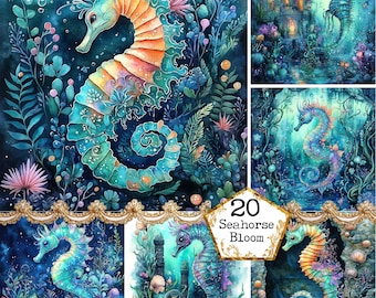 JPEG 水彩画 タツノオトシゴ グラフィック 水中イラスト サンゴ礁 海藻 クリップアート インスタントダウンロード ペーパークラフト ジャンクジャーナル スクラップブッキング