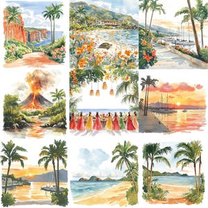a series of watercolor paintings of a beach scene