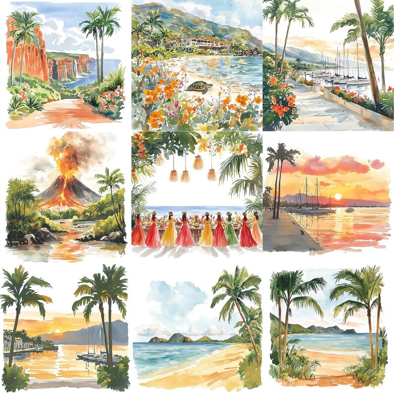 a series of watercolor paintings of a beach scene