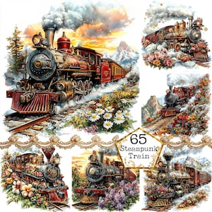 Acuarela JPEG, tren Steampunk, tren vintage, tren de primavera, clipart, arte floral del tren, descarga instantánea, manualidades de papel, diario basura, álbumes de recortes
