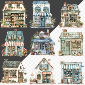 May include: Nine watercolor illustrations of charming storefront buildings with awnings, windows, and flower boxes. Each building has a unique design and features a variety of flowers and plants.