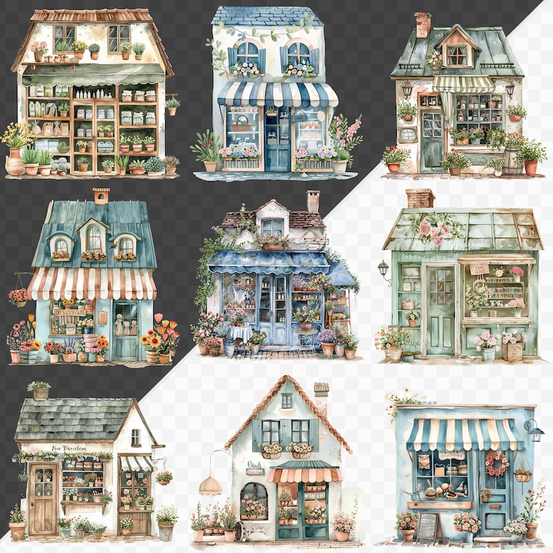 May include: Nine watercolor illustrations of charming storefront buildings with awnings, windows, and flower boxes. Each building has a unique design and features a variety of flowers and plants.