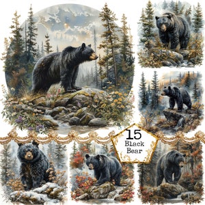 Zwarte beer en bergbos clipartbundel JPEG commerciële afdrukbare achtergrond Instant Download papier ambachten ongewenste dagboek scrapbooking