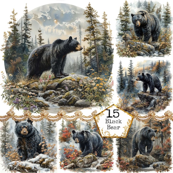 Black Bear and Mountain Forest Clipart Bundle JPEG Commercial Printable Background Instant Download Paper Crafts Junk Journal Scrapbooking