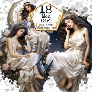 PNG Moon Girl Clipart Bundle Celestial Goddess Clipart Watercolor Moon and Girl PNG Instant Download Paper Crafts Junk Journal Scrapbooking