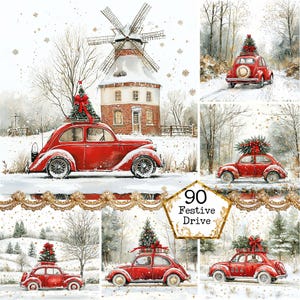 JPEG Aquarell Weihnachten Clipart Bundle Vintage Weihnachten fahren Baum auf einem Auto Weihnachtsszene Sofortiger Download Papier Handwerk Scrapbooking