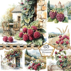 JPEG Acquerello Lampone in fiore con splendido scenario primaverile Clipart Bundle Download immediato Carta Artigianato Junk Journal Scrapbooking