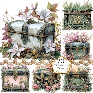 Bundle de cliparts aquarelle florale coffre au trésor à téléchargement immédiat papier artisanal indésirable journal scrapbooking faire-part de mariage imprimable art