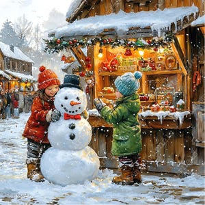 May include: Two children build a snowman in a snowy winter village scene. The snowman is wearing a black top hat and a red bow tie. The children are wearing winter coats and hats. The scene is decorated with Christmas lights and ornaments.