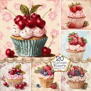 Schäbige schicke Obst Cupcake Clipart Bundle JPEG Blumen Cupcake Küche kommerzielle Sofort-Download Papier Handwerk Junk Journal Scrapbooking