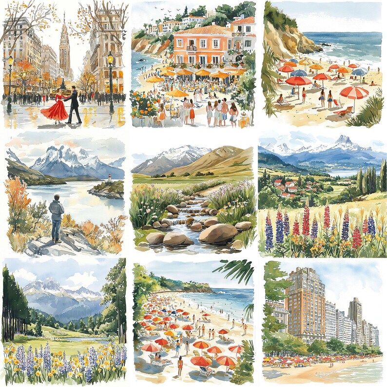 May include: A collage of nine watercolor paintings depicting various landscapes and cityscapes. The top row shows a couple dancing in a city street, a beach scene with people and umbrellas, and a rocky coastline with a beach. The middle row shows a mountain range with a lake, a stream flowing through a meadow, and a valley with wildflowers. The bottom row shows a mountain range with a valley, a beach with people and umbrellas, and a city skyline with buildings and a beach.