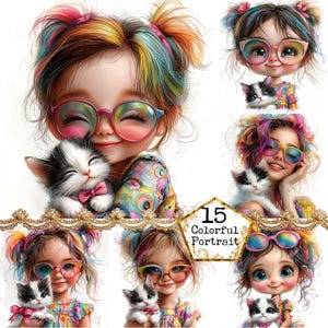 JPEG Aquarell Süßes kleines Mädchen und Katze Clipart Bundle JPEG Regenbogen Haar kommerzielle Sofort-Download Papier Handwerk Junk Journal Scrapbooking