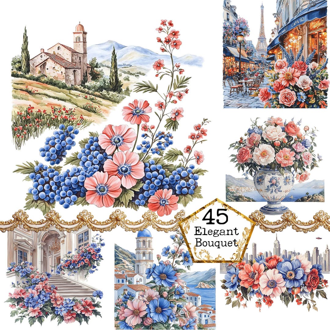 PNG + JPEG Watercolor Spring Floral Scenery Clipart Bundle Spring ...
