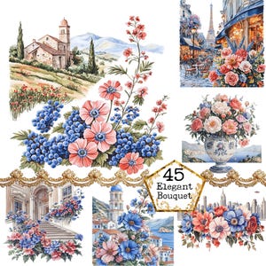 Paquete de imágenes prediseñadas de paisajes florales de primavera en acuarela PNG + JPEG, imágenes prediseñadas de arte floral de primavera, descarga instantánea, manualidades de papel, diario basura, álbumes de recortes