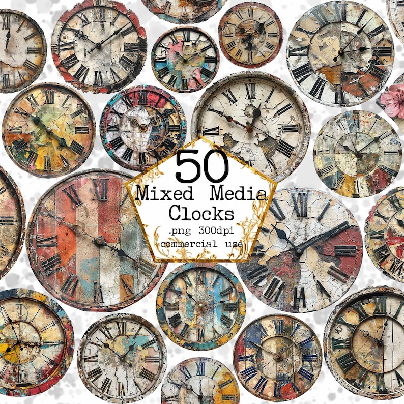 K&ouml;nnte beinhalten: 50 Mixed-Media-Uhren in verschiedenen Farben und Designs. Die Uhren sind rund und haben r&ouml;mische Ziffern. Die Uhren sind gebraucht und haben einen Vintage-Look.