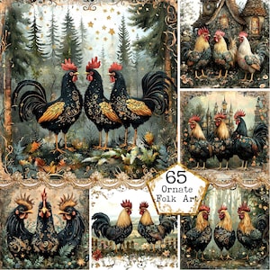 JPEG aquarelle art folklorique scène de coqs Clipart Bundle Art folklorique Clipart scandinave téléchargement immédiat papier artisanat indésirable journal Scrapbooking