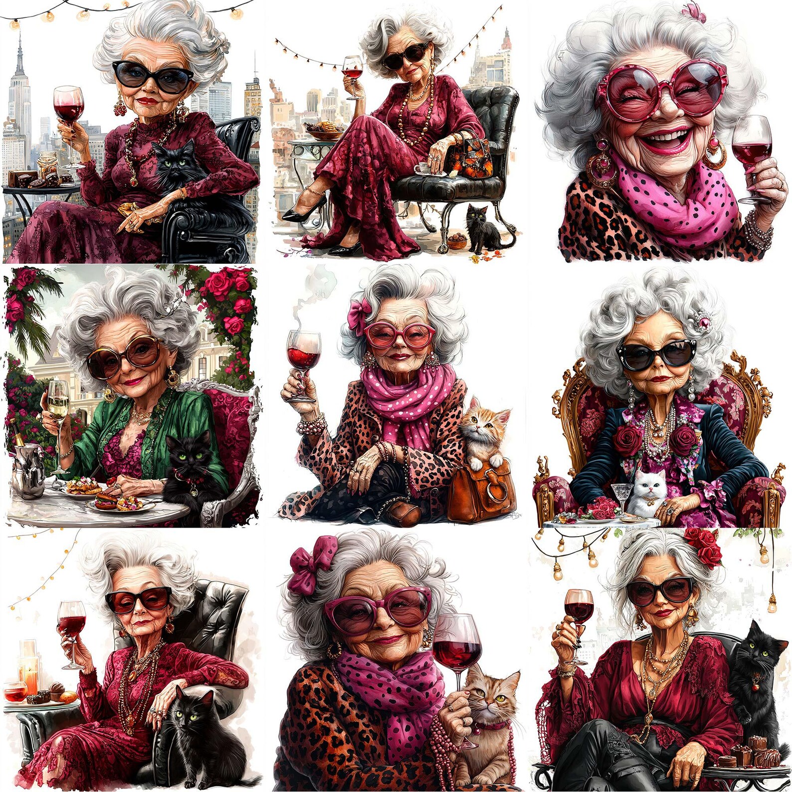JPEG Watercolor Elderly Lady Having Red Wine Clipart Bundle Celebrating ...