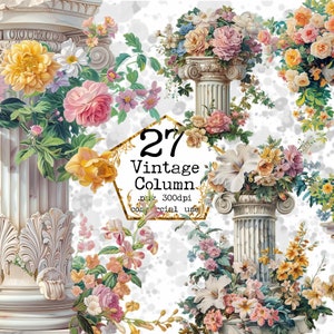 PNG 水彩ファンタジー柱クリップアートバンドル PNG 花の柱 PNG インスタントダウンロード ペーパークラフト ジャンクジャーナル スクラップブッキング