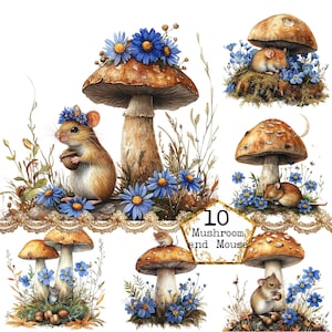 PNG + JPEG Aquarelle forêt champignon Clipart Bundle Champignons magiques Woodland Image Téléchargement instantané Papier Artisanat Junk Journal Scrapbooking