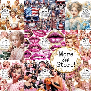 May include: A collage of digital art images featuring vintage themes. The images include pin-up girls, patriotic skulls, floral designs, and retro-style illustrations. The text "More in Store!" is displayed in a gold frame.
