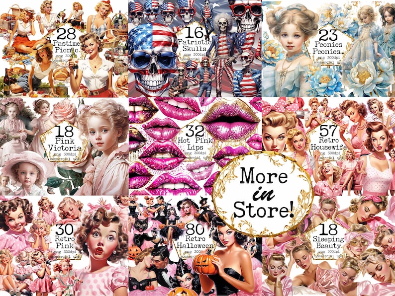 May include: A collage of digital art images featuring vintage themes. The images include pin-up girls, patriotic skulls, floral designs, and retro-style illustrations. The text "More in Store!" is displayed in a gold frame.
