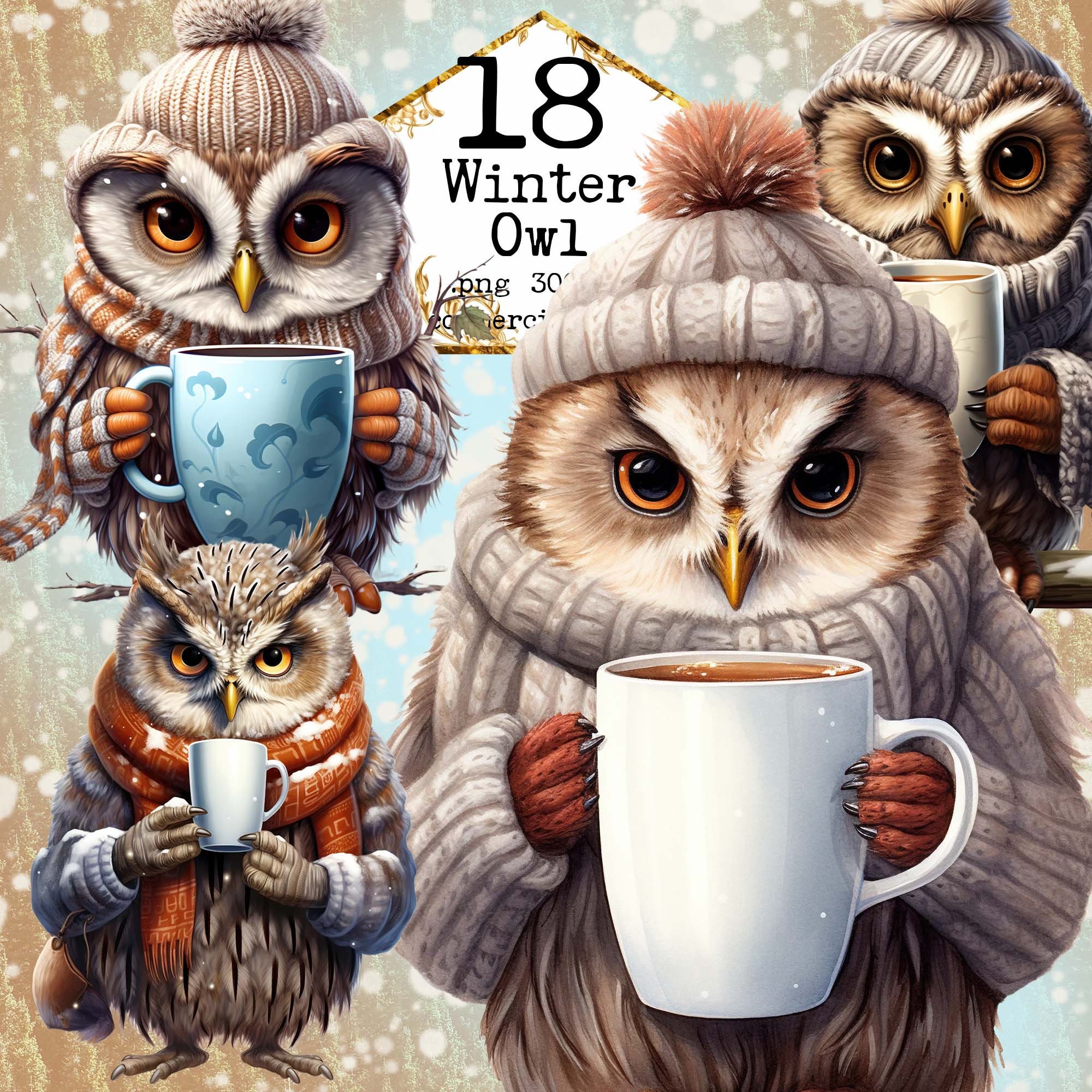 PNG winter Owl and Coffee Clipart Bundle Owl Clipart Cute Clipart Commercial Use Instant Download Pa