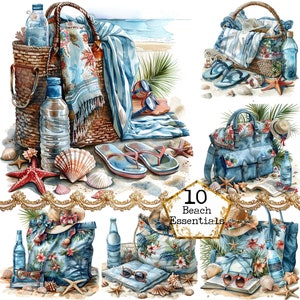 JPEG Beach Scenery with Canvas Bag Clipart Bundle Summer Clipart Beach Bag Clipart Instant Download Paper Crafts Junk Journal Scrapbooking