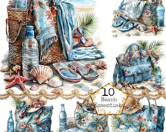 JPEG Beach Scenery with Canvas Bag Clipart Bundle Summer Clipart Beach Bag Clipart Instant Download Paper Crafts Junk Journal Scrapbooking