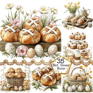 Puede incluir: Una colección de 35 bollos de pan dulce con cruz ilustrados, un manjar tradicional de Pascua. La imagen presenta varias disposiciones de los bollos, incluyendo una cesta llena de bollos, un plato con bollos cubiertos con almendras y glaseado, y una mesa puesta con bollos y tazas de té. La imagen también incluye elementos decorativos como flores, huevos y encaje.