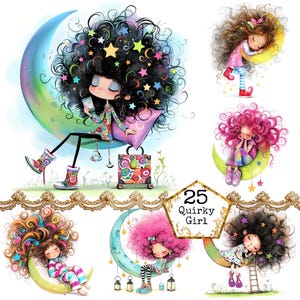 JPEG Aquarell Wunderliche Mond Mädchen Clipart Bundle Himmlische schrullige Mädchen Clipart Sofortiger Download Papier Handwerk Junk Journal Scrapbooking