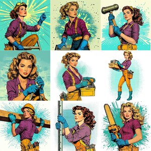May include: Nine illustrations of women in various poses, each holding a different tool. The tools include a hammer, a saw, a wrench, a screwdriver, a level, a tape measure, a paintbrush, a pair of pliers, and a toolbox. The women are all wearing overalls and hard hats.