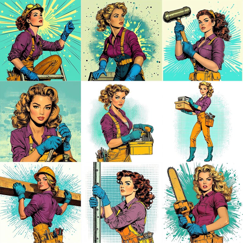 May include: Nine illustrations of women in various poses, each holding a different tool. The tools include a hammer, a saw, a wrench, a screwdriver, a level, a tape measure, a paintbrush, a pair of pliers, and a toolbox. The women are all wearing overalls and hard hats.